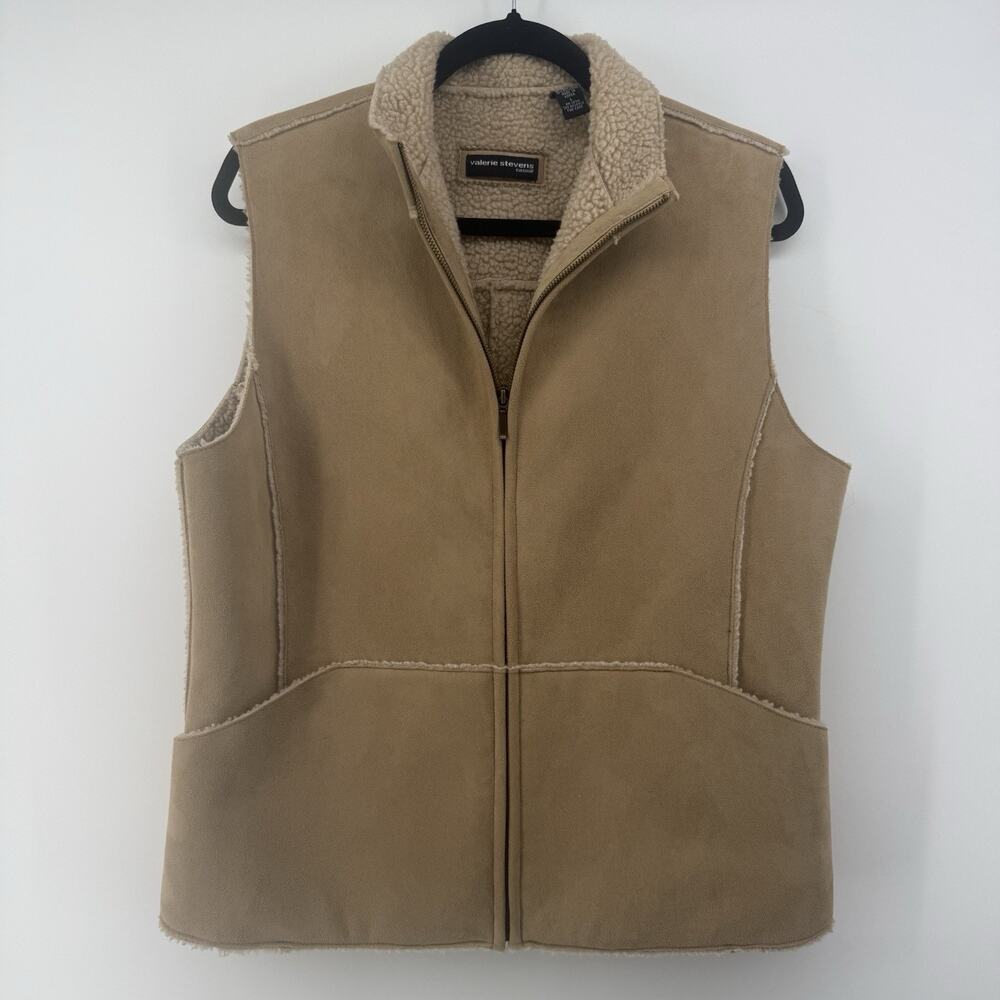 Valerie Stevens Tan Camel Suede Shearling-Lined Zip Front Vest Large